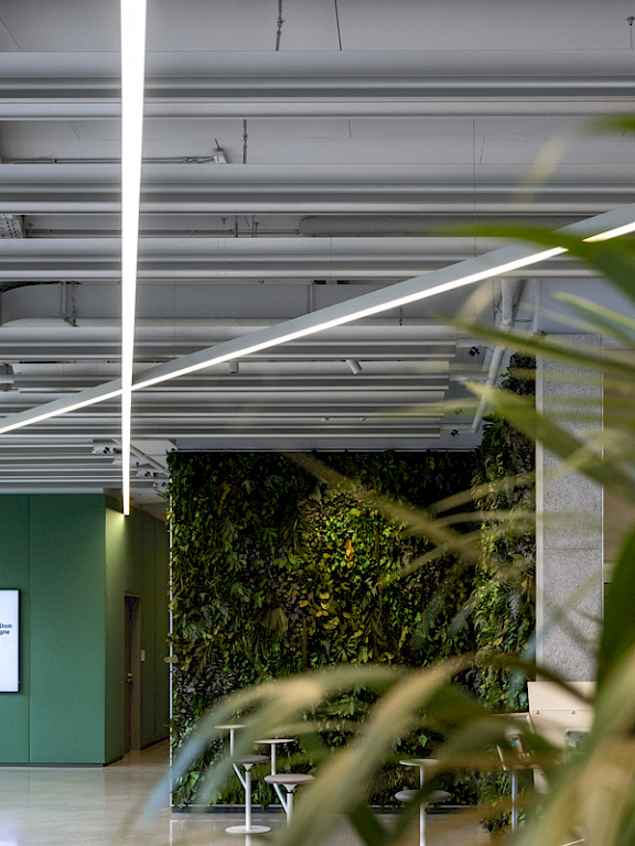 Modern hallway with two slim LED light strips crossing diagonally on the ceiling, green plant wall in background.