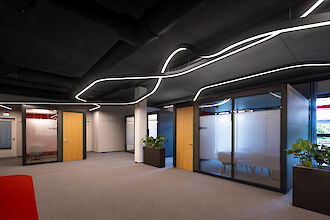 Modern office area with curved Liquid Line light lines on the ceiling, which serve as a sculptural design element. Glass consultation rooms with a striped pattern that protects against prying eyes, wooden doors and plants in elegant planters give the room a clear, organic atmosphere.
