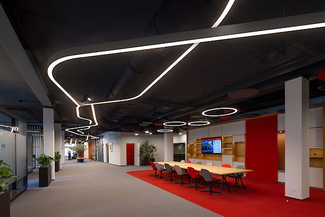 The interior of a modern savings bank: ceiling installations with curved Liquid Line light lines and circular pendant luminaires. The room has an open design, with red carpet highlights, a large conference table and decorative plants that create a harmonious atmosphere.