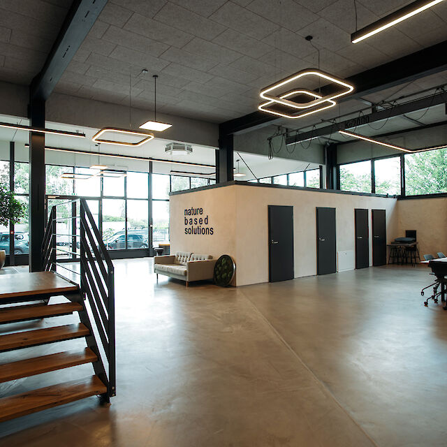 Moderner Eingangsbereich eines Bürogebäudes mit hoher Decke, Betonboden und großzügiger Glasfront. Minimalistische Hängelampen in geometrischen Formen sorgen für eine gleichmäßige Beleuchtung. Eine Treppe mit schwarzem Geländer führt in die obere Etage. An der Wand links steht der Schriftzug ‚nature based solutions‘. Der Raum ist hell und einladend gestaltet