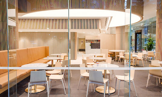 Cafetería con mobiliario de madera clara, banco e iluminación LED en el techo con líneas de luces empotradas Matric.