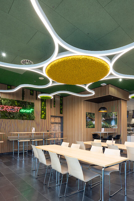 Canteen with curved Liquid Line ceiling lighting, yellow moss acoustic element and wooden wall panelling.