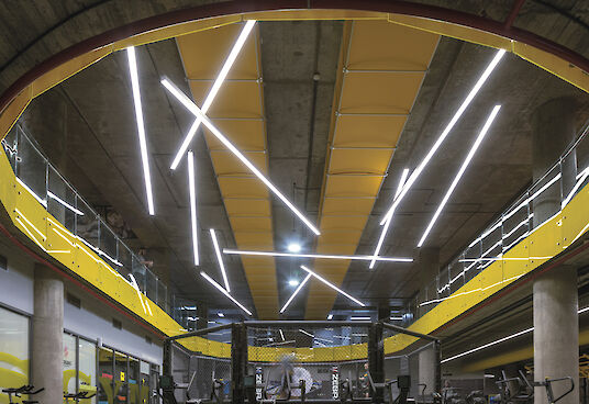 Zona de fitness con jaula de entrenamiento, detalles en amarillo y luminarias suspendidas Matric dispuestas en diagonal sobre techo de hormigón.