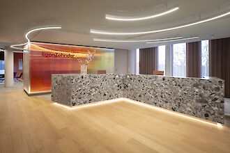 Hall d'accueil moderne avec paroi en verre coloré et lignes lumineuses Liquid Line incurvées au plafond