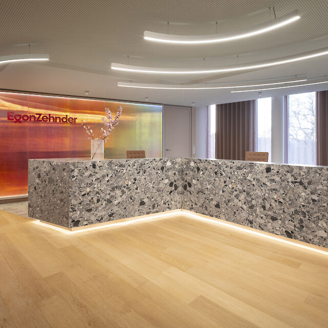 Hall d'accueil moderne avec paroi en verre coloré et lignes lumineuses Liquid Line incurvées au plafond