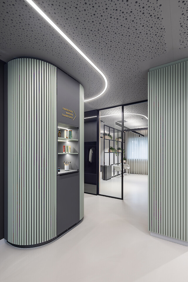 Curved liquid line on perforated ceiling, sage green walls, modern practice hallway with glass partition