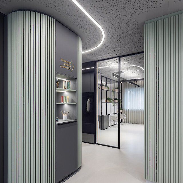 Línea líquida curvada en techo perforado, paredes verde salvia, moderno pasillo de consulta con separación de cristal