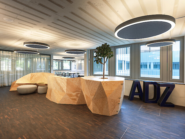 Offener Bürobereich mit Holzskulptur und schwebenden Ringo Star Acoustic Deckenleuchten