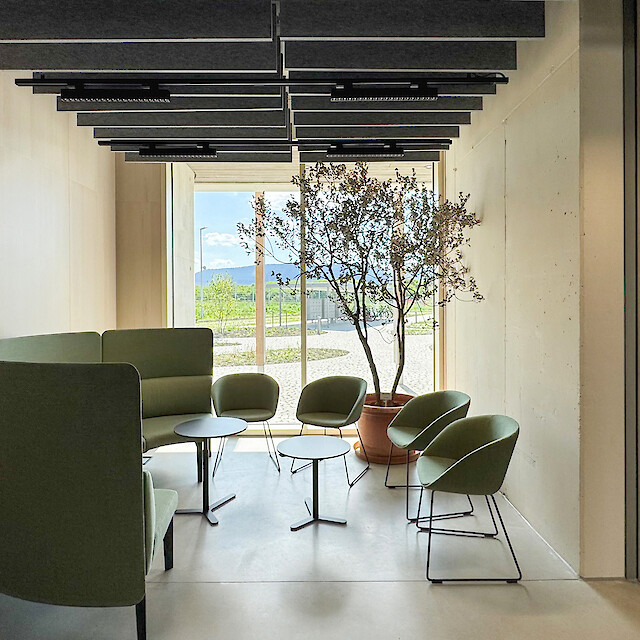 Lounge-Bereich mit Sitzgruppe, Tageslicht und linearer Deckenbeleuchtung durch Liquid Line-CX