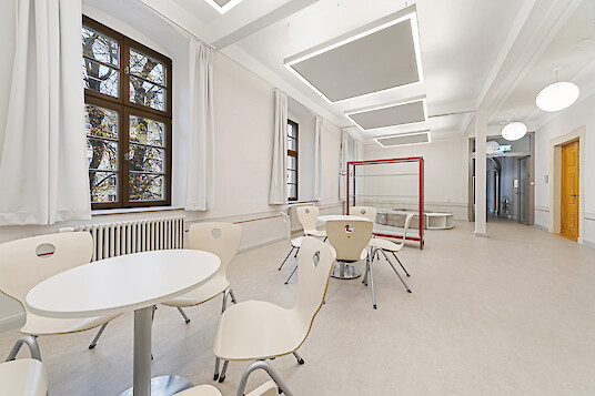 Common area with tables, chairs and large-format acoustic luminaires.