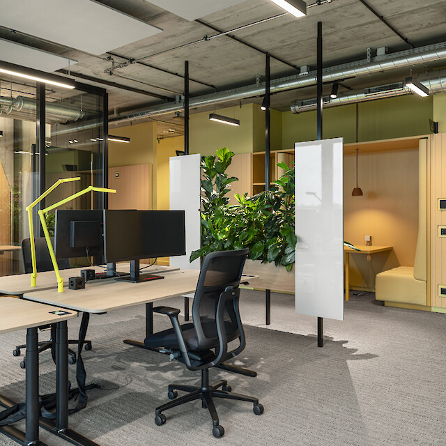 Área de trabajo con escritorios, lámparas de mesa amarillas, plantas y sistema de iluminación a la vista en el techo