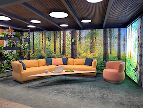 Lounge area with a forest theme, round ceiling lights, a sofa, armchairs, and a living wall