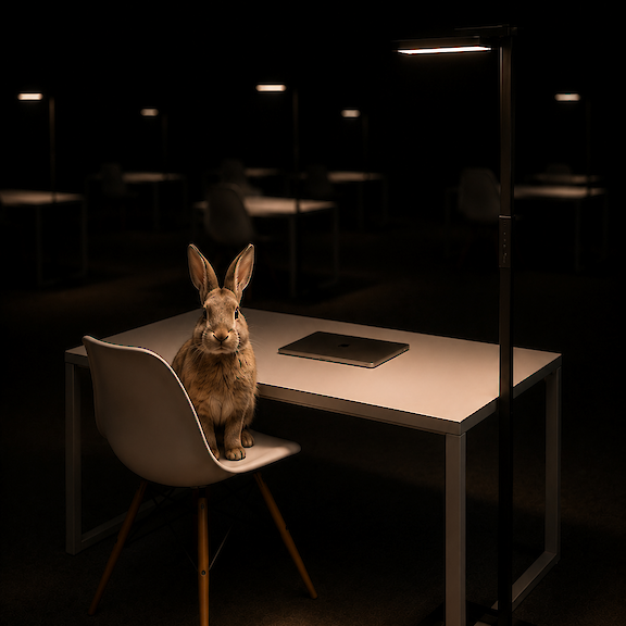 Rabbit at an illuminated desk in an otherwise dark office.