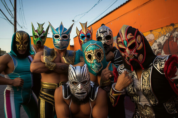 Group of masked Lucha Libre wrestlers posing together in front of an orange wall.