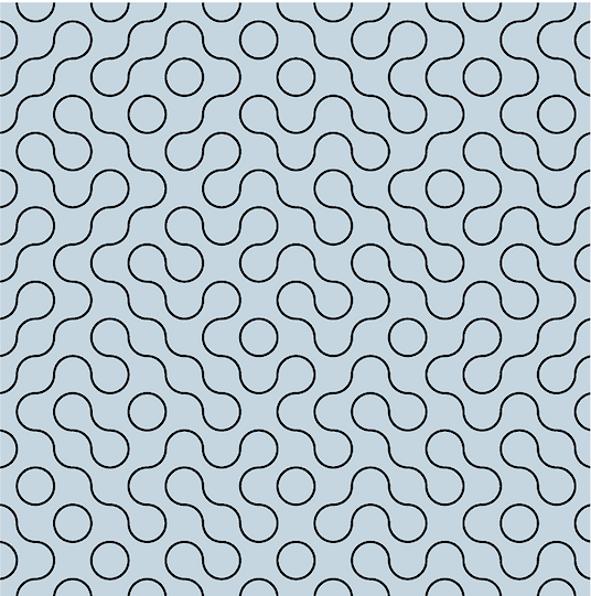 Abstract pattern of black curved lines and circles on a light blue background.