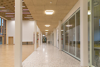 Bright school corridor with glass walls, timber ceilings and square ceiling luminaires
