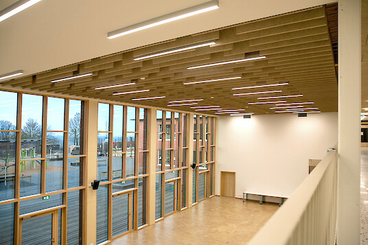 Spacious school hall with tall windows, timber ceiling and numerous linear ceiling luminaires