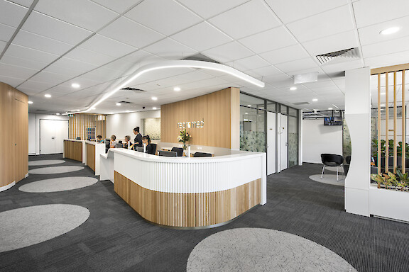Reception at the Repromed clinic in Adelaide with a curved Liquid Line pendant luminaire by Lightnet above the counter.