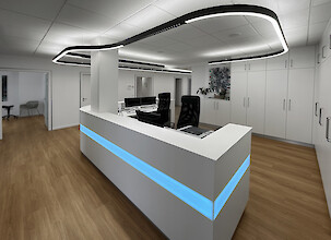 Modern practice reception with white counter, blue light strip and Liquid Line PX.