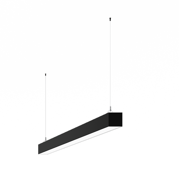 Matric linear pendant luminaire with black housing, cable suspension and opal diffuser.