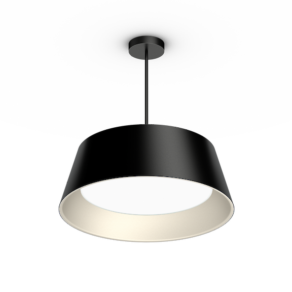 Beam Me Up conical pendant luminaire with black exterior and tube suspension.