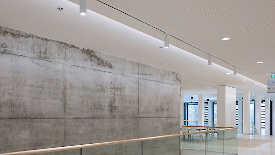 White corridor with concrete wall, glass railings and linear cylindrical ceiling spotlights.