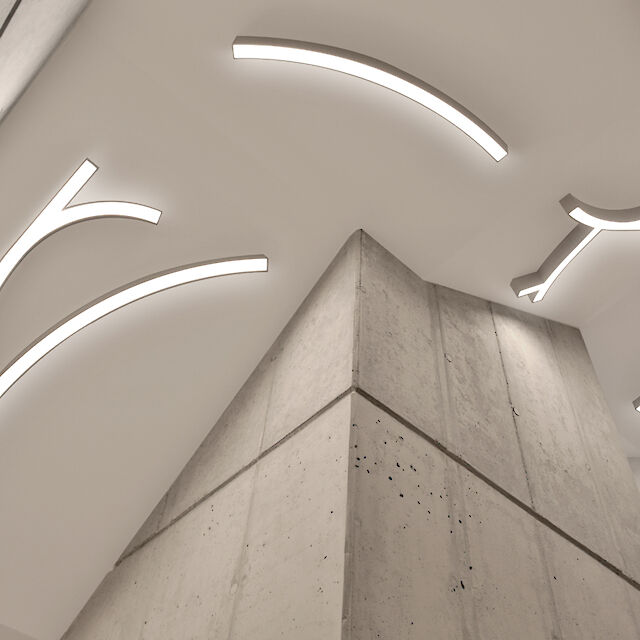 This picture shows the ceiling of a stairwell in the Gertrud Hass Library in Berlin. The ceiling is fitted with modern, abstract light installations consisting of white, luminous lines. These lines are arranged in curved and branched patterns reminiscent of branches. The walls and pillars of the stairwell are made of concrete, creating a minimalist and industrial look. The combination of the sleek concrete surroundings and the artistic lines of light give the space a modern and stylish atmosphere.