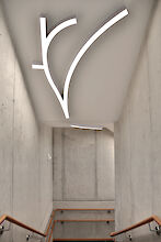 Dieses Bild zeigt eine moderne Treppe in der Gertrud-Hass-Bibliothek in Berlin, Deutschland. Die Treppenwände bestehen aus Beton, und das Geländer ist aus Holz. Die Beleuchtung an der Decke ist ein auffälliges, abstraktes Design aus weißen, leuchtenden Linien, die sich in geschwungenen Formen erstrecken. Der Kontrast zwischen der minimalistischen Betonumgebung und den künstlerischen Lichtlinien schafft eine interessante visuelle Dynamik. 