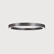 La imagen muestra una moderna luminaria de techo en forma de anillo que emite una luz suave y difusa hacia abajo. La superficie de la luminaria tiene una textura negra mate. El fondo de la imagen es de un gris claro uniforme.