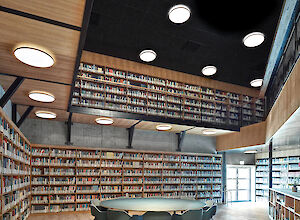 The picture shows a modern library with high bookshelves running along the walls and on an intermediate level. The bookshelves are filled with a variety of books. In the centre of the room is a round table with several chairs that invite you to read and work. The ceiling is black and fitted with several round, copper-coloured surface mounted luminaires that ensure the room is evenly lit. The walls and shelves are made of light-coloured wood, which gives the room a warm and inviting atmosphere. A large entrance with glass doors can be seen on the right-hand side of the picture, which lets in plenty of natural light.




