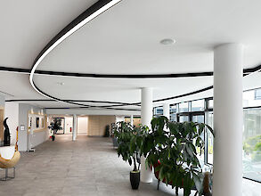 Foyer with curved surface-mounted light lines, white columns, large windows and plants.