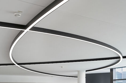 Curved Liquid Line light lines in a black and white look run across a ceiling.