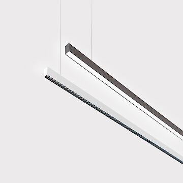 The picture shows a section of two linear pendant luminaires, one with a white and one with a black surface. The underside of the white luminaire is fitted with a black lenticular louvre, with each lens containing a small LED light. The black luminaire has a smooth cover. Both luminaires have a modern design and are suspended from the ceiling on thin cables. The background is grey.