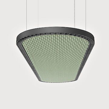 The picture shows a modern, oval pendant light. The underside of the luminaire consists of an all-round black lenticular louvre and a structured, wave-shaped acoustic fabric in a light green shade. The edges of the luminaire are black and it is suspended from the ceiling by four thin wire ropes.