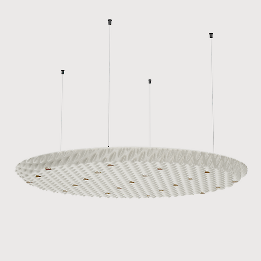 A large, round acoustic pendant luminaire suspended from the ceiling by four thin cables. The surface of the luminaire has a structured, wave-like texture and is finished in a light colour. Several small, evenly distributed points of light are integrated into the design and provide discreet lighting.