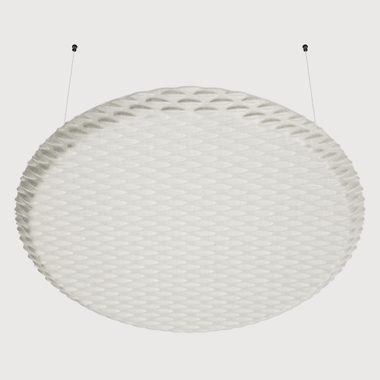 A large, round acoustic pendant luminaire suspended from the ceiling by four thin cables. The surface of the luminaire has a structured, wave-like texture and is kept in a light colour.