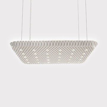 A large, square acoustic pendant luminaire suspended from the ceiling by four thin cables. The surface of the luminaire has a structured, wave-like texture and is finished in a light colour. Several small, evenly distributed points of light are integrated into the design and provide discreet lighting. 