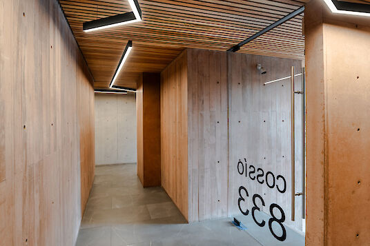 Hallway with wooden ceiling, exposed concrete walls and linear Matric pendant luminaires.
