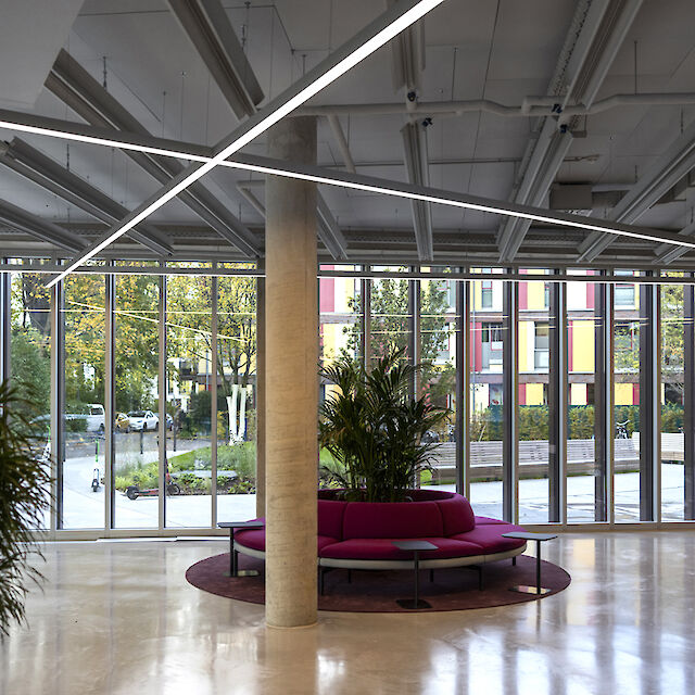 Modern, light-flooded reception area with large floor-to-ceiling windows that offer a view of the outside of a building complex with colourful facades. In the centre of the room is a circular seating area with a semi-circular, magenta-coloured couch grouped around a large plant in a planter. The floor is made of polished, shiny material. The ceiling has an industrial design with exposed beams and cables, along which linear LED strip luminaires run in geometric patterns, illuminating the space evenly. 