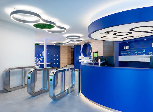 Reception area with blue counter, turnstiles and organic Ringo Star Cluster ceiling luminaires.