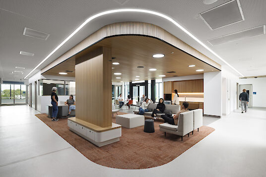 Open waiting and meeting area with seating groups, wooden ceilings, Liquid Line LED light lines and round Basic recessed luminaires.