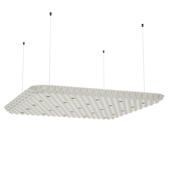 Luminaria suspendida acústica Serenity cuadrada de gran tamaño con suspensión paralelo.