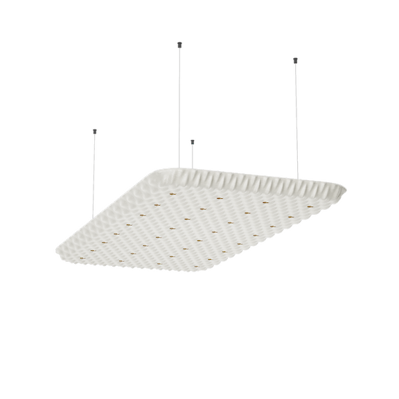 Gran luminaria suspendida acústica rectangular Serenity con suspensión paralelo.