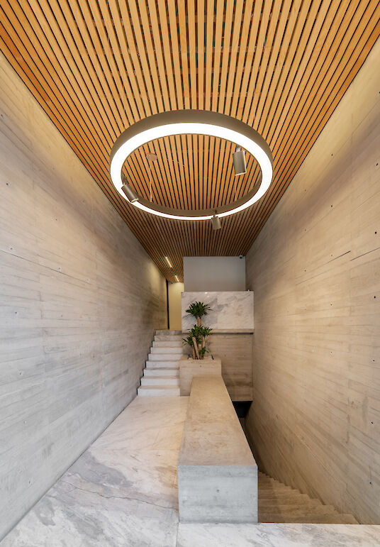 Interior view of the entrance area with ring pendant light, concrete walls and glass door.